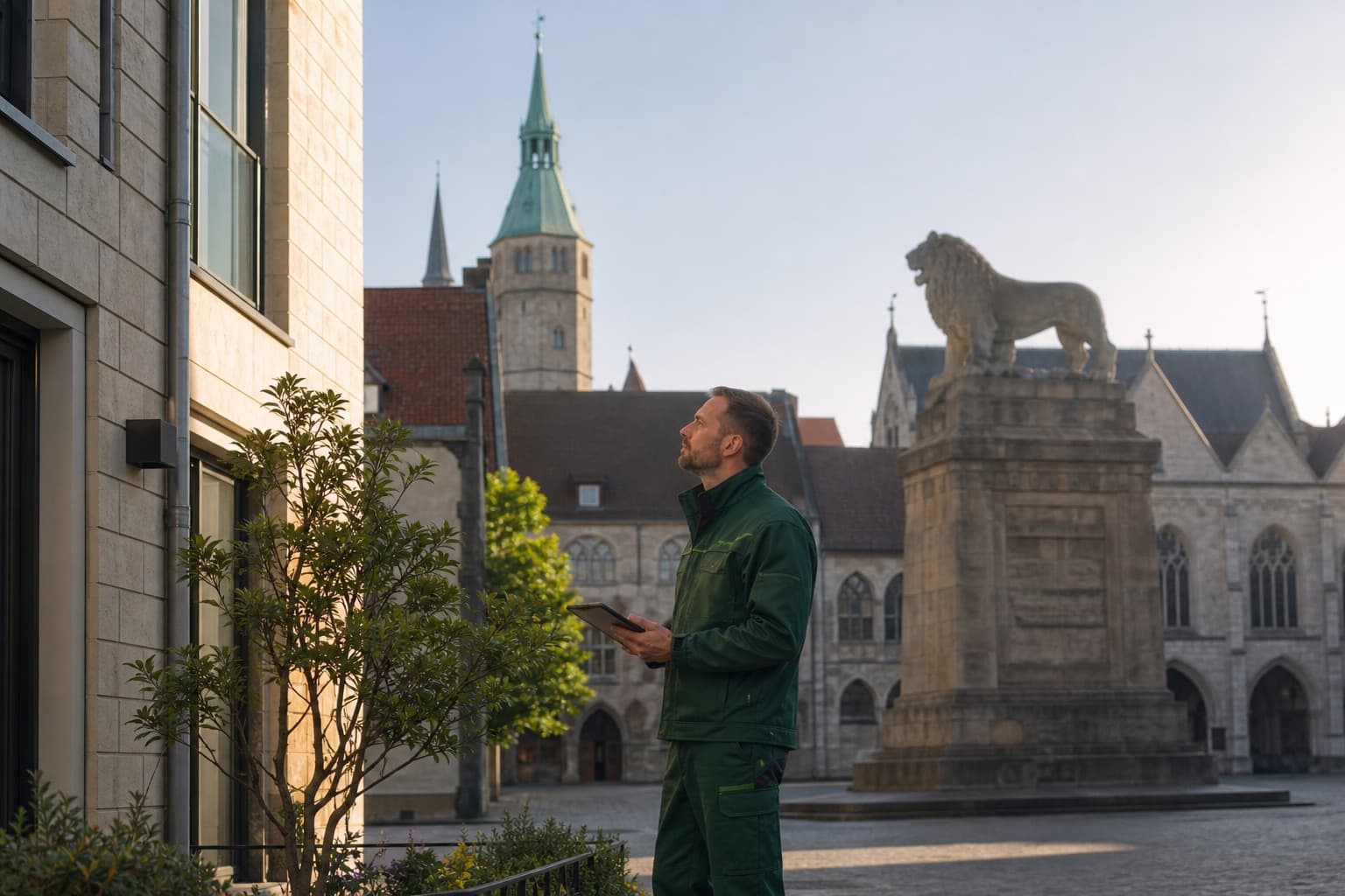 Hausmeister bei der Objektbetreuung mit Blick auf Braunschweig