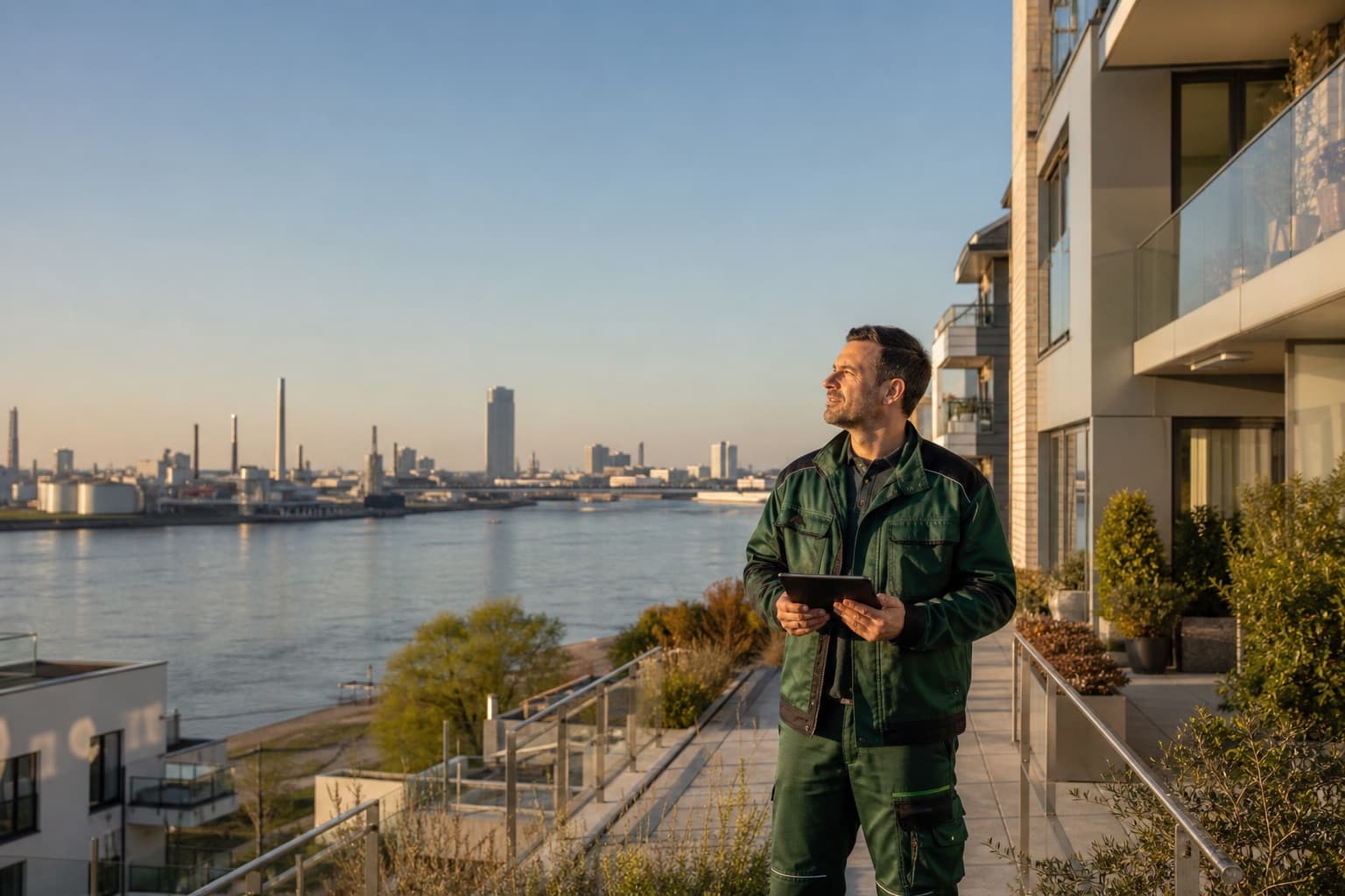 Hausmeister bei der Objektbetreuung mit Blick auf Ludwigshafen am Rhein