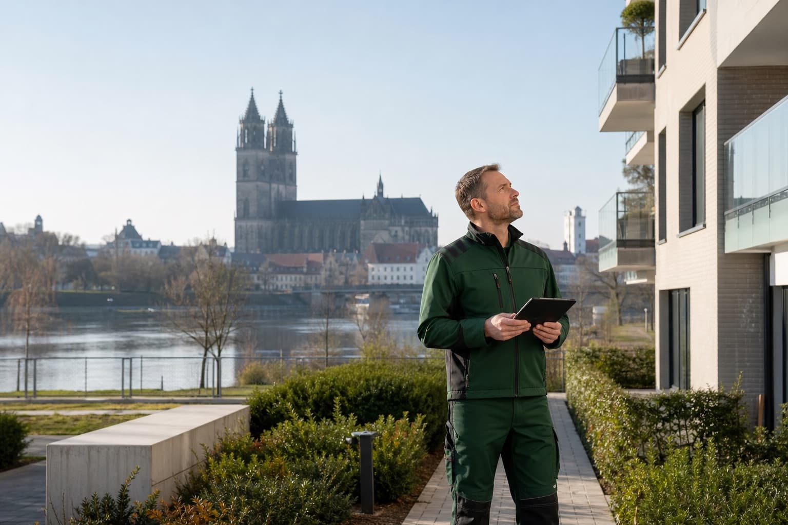 Hausmeister bei der Objektbetreuung mit Blick auf Magdeburg