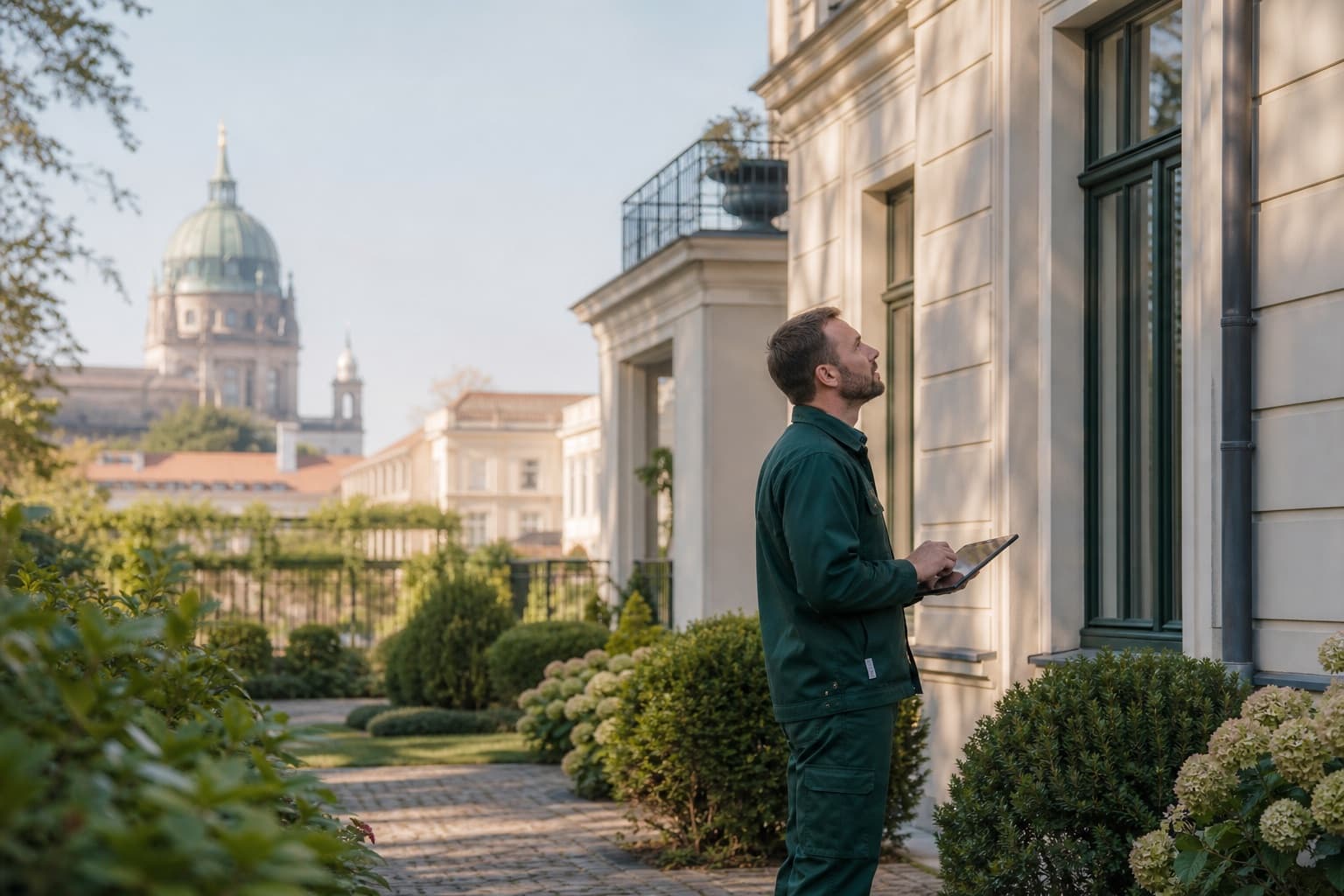 Hausmeister bei der Objektbetreuung mit Blick auf Potsdam