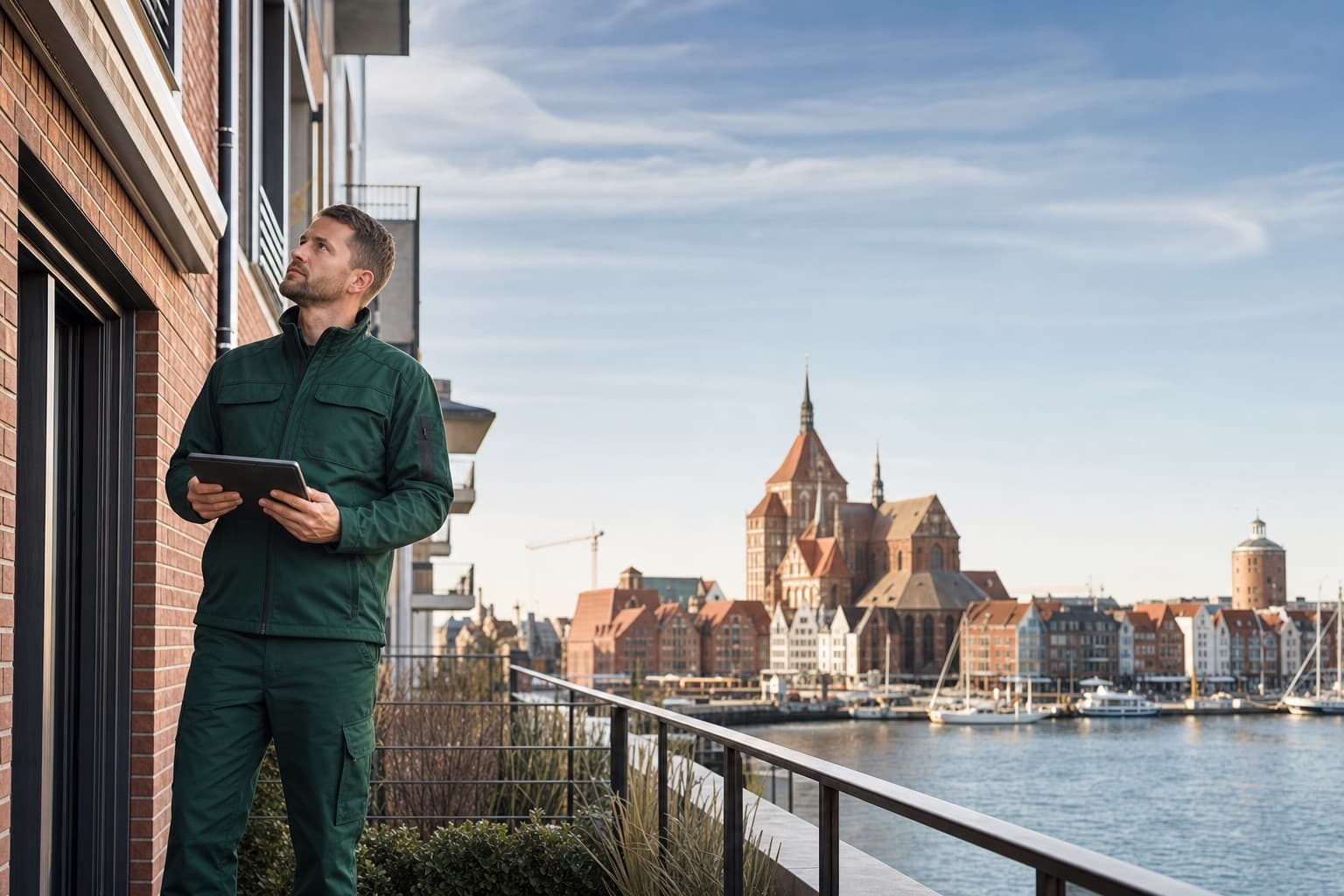 Hausmeister bei der Objektbetreuung mit Blick auf Rostock