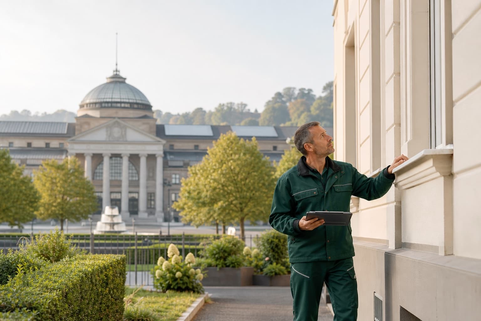 Hausmeister bei der Objektbetreuung mit Blick auf Wiesbaden